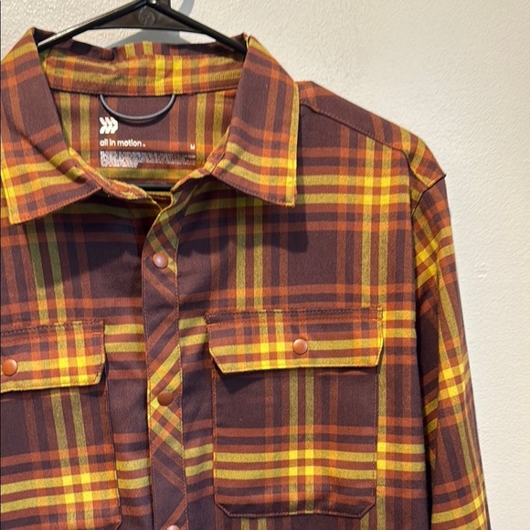 All in Motion Medium Snap Button Down Shirt Casual Yellow Brown Plaid - Picture 2 of 5